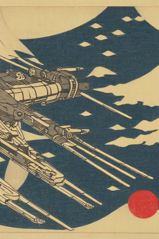 Prompt: Japanese woodblock print of a Star Wars X-Wing , Hokusai