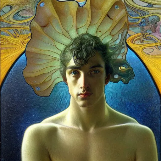 Image similar to realistic extremely detailed portrait painting of an average man ,futuristic , by Jean Delville, Amano, Yves Tanguy, Alphonse Mucha, Ernst Haeckel, Edward Robert Hughes, Roger Dean, rich moody colours, blue eyes