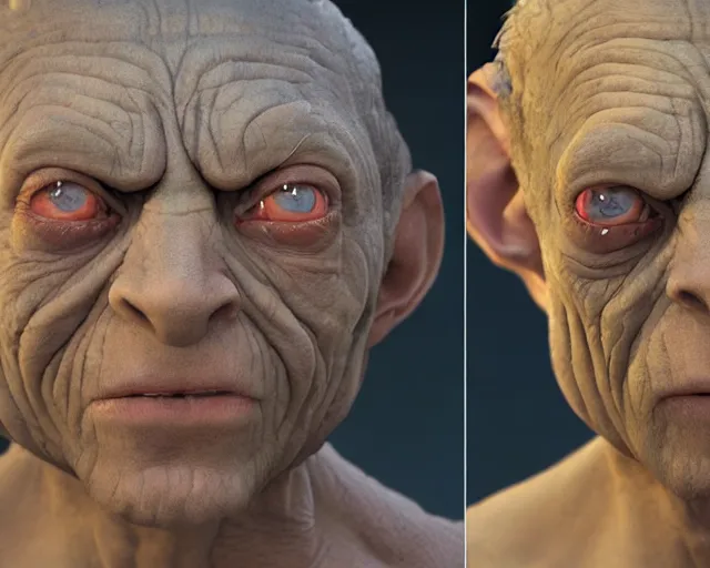 Prompt: wawrick davies as gollum, character art, by various concept artists, redshift render, hyperrealistic face, photorealistic render