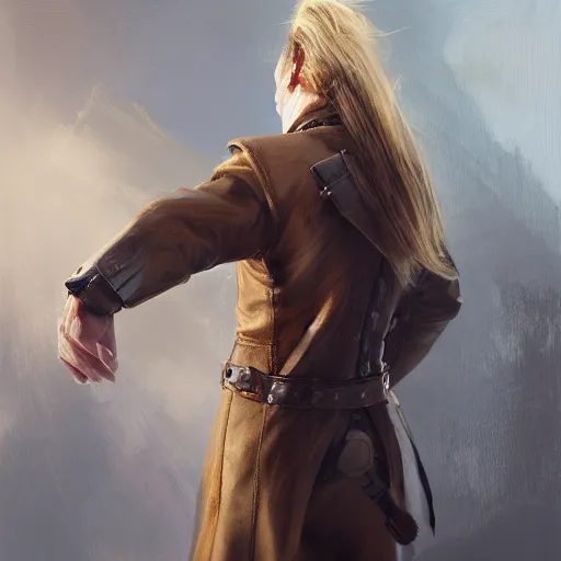 Image similar to rear side portrait of a big, ponytail haired blonde man with a mechanical left arm, wearing a brown leather coat, ponytail hair, DnD, fantasy, digital art by Ruan Jia