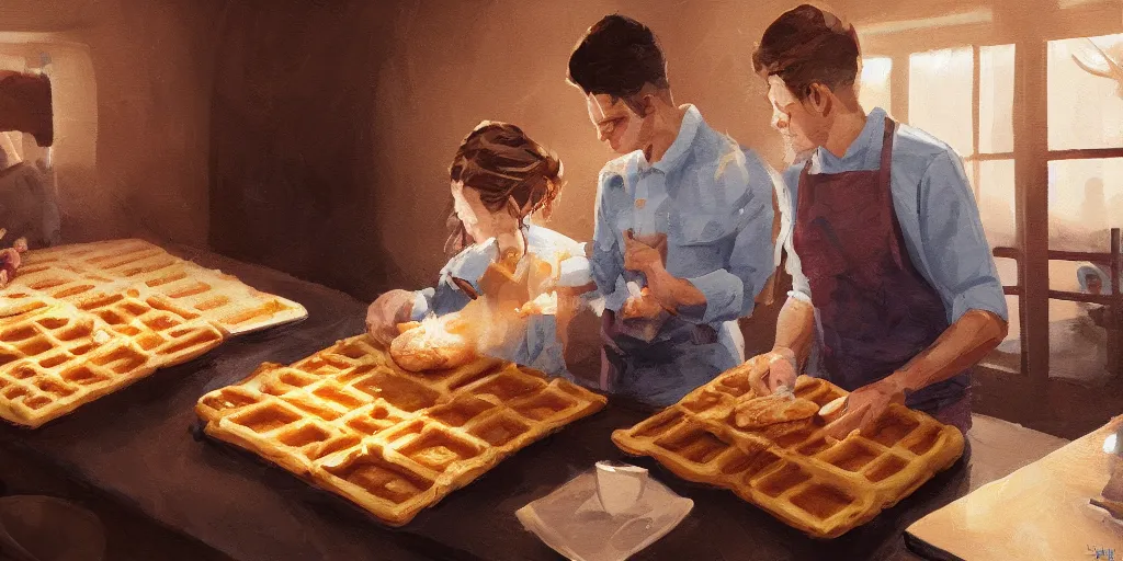 Image similar to A couple baking waffles, digital art, epic lighting