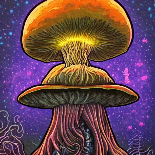 Prompt: a detailed painting of a mushroom Glows, artxenomorphtea, aeonsomeically, mononoke, buccaneer, gptj6b, bituminous, hexglow