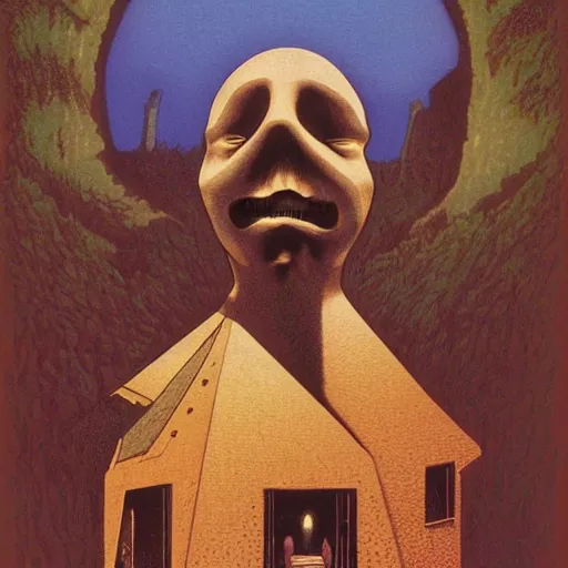 Image similar to a house with a face, looking surprised, by richard corben. pulp horror art