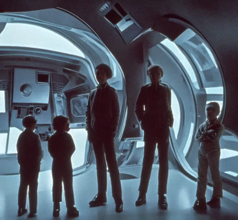 Image similar to sharp, highly detailed, film from a sci fi movie, set in 1 9 8 4, a family standing in front of their spaceship that has just landed on an alien planet, all wearing 1 9 8 4 clothes, atmospheric lighting, in focus, reflective eyes, 3 5 mm macro lens, live action, nice composition