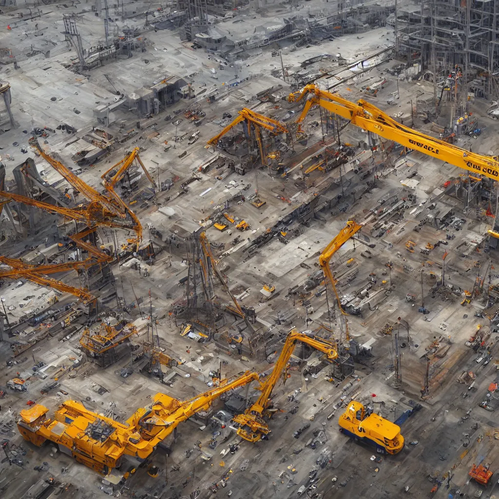 Prompt: large construction vehicle constructing a spaceship in a drydock, industrial, bulky, construction yard, dockyard, cranes, shipping, sci fi, photorealistic