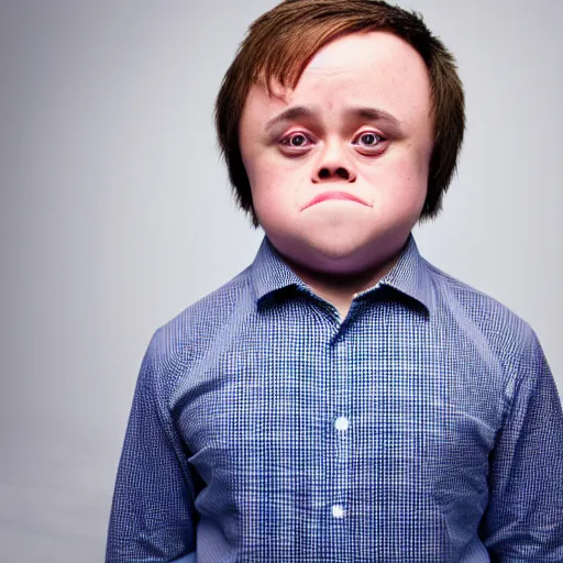 Image similar to 4 k editorial photograph of down syndrome midget alex jones, sharp focus, soft lighting, edge lighting, studio portrait, 1 3 mm film color grading