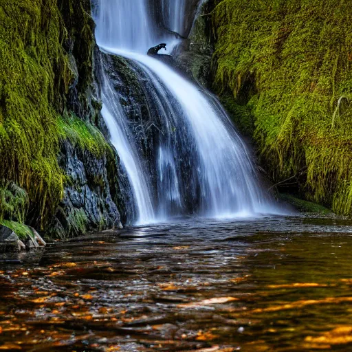 Prompt: landscape of a waterfall in the peak district during golden hour, refracted light nikon z 9, by mara leite