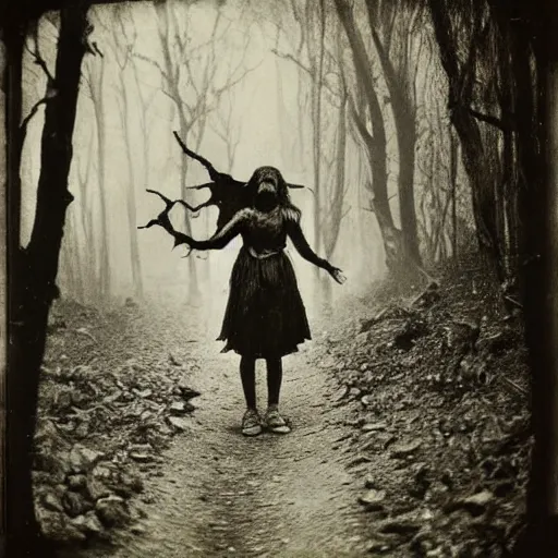 Image similar to spooky 1860 photo of an ancient girl demon devouring the the human kind on a dark forest