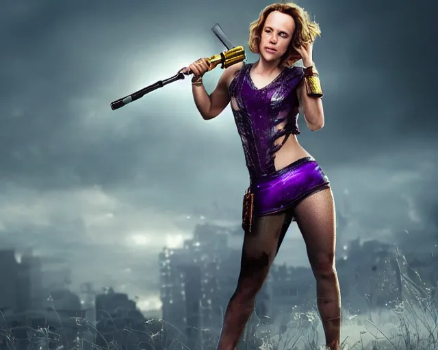 Image similar to Rachel McAdams in heroic pose with weapon, cinematic, 4k, hyper realistic, super detailed, colorful accents, purple hair, golden ratio, symmetrical face, highly detailed professional photo, centered, rim lights, vray caustics, hyper realistic