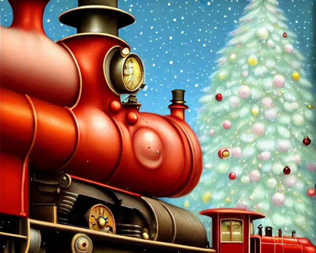 Image similar to closeup profile portrait of victorian steam trains, nicoletta ceccoli, mark ryden, lostfish, max fleischer, hyper realistic, artstation, illustration, digital paint, matte paint, vivid colors, bright, cheerful, detailed and intricate christmas environment