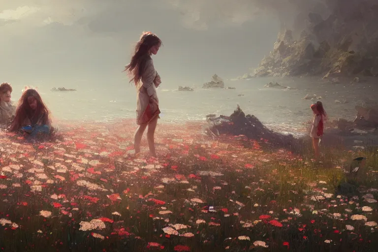 Image similar to a beautiful painting of the sea of flower, boy, girl, by greg rutkowski, trending on artstation