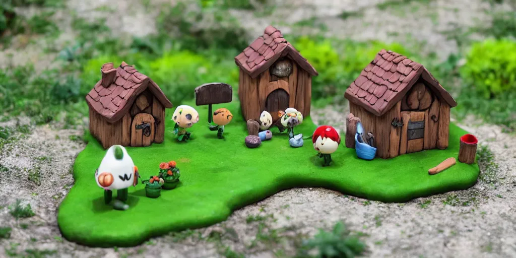 Image similar to Animal Crossing Village Diorama, polymer clay, moss, plants, cottagecore