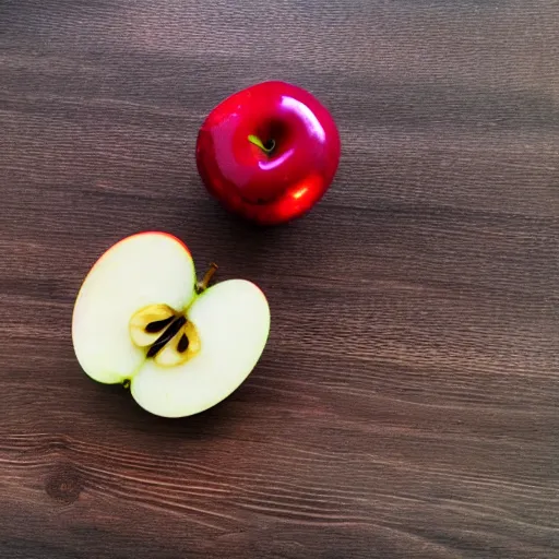 Prompt: There is an apple sitting on a table, it is made of reflective ruby crystal.