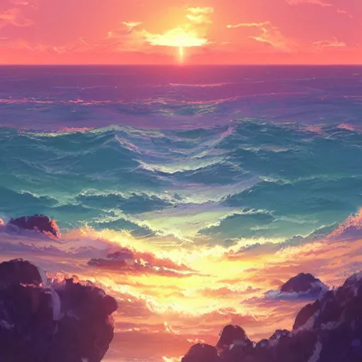 Image similar to a beautiful illustration of the ocean at sunrise by Makoto Shinkai