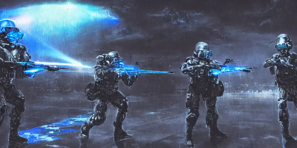 Prompt: A detailed sketch of two soldiers with blue laser rifles wearing black power armour with blue sprites and full helmets with blue visors, night, rain, water drops on the lense, a complicated chrome-plated spaceship with blue lights in the background, realistic 4k octane beautifully detailed render, 4k post-processing, highly detailed, intricate complexity, epic composition, magical atmosphere, cinematic lighting, masterpiece, ultra hd