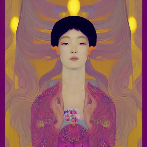 Prompt: a portrait of a very beautiful goddess with halo behind her head, looking in front, in the style of WLOP and Hsiao-Ron Cheng and Gustav Klimt