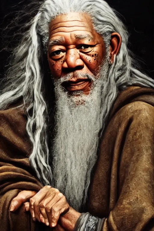 Image similar to morgan freeman starring as gandalf in lord of the rings, oil on canvas, intricate, 8 k highly professionally detailed, hdr, cgsociety