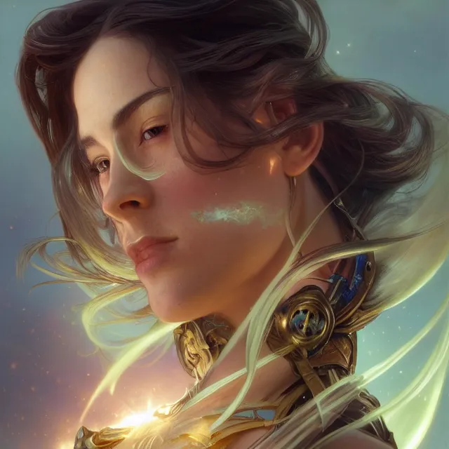 Image similar to close up portrait of a beautiful fantasy female warrior, shiny skin, glowing hair, subsurface scattering, artistic, magical glowing background with light rays, fantasy atmosphere. art by artgerm, greg rutkowski and alphonse mucha, highly detailed, intricate, lifelike. sci - fi, fantasy, magical, octane render,
