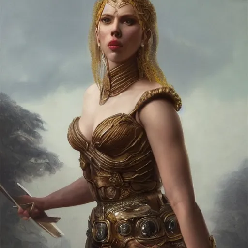 Prompt: the portrait of scarlett johansson as amazon in intricate dress by roberto ferri, fantasy, witcher, very detailed oil painting, masterpiece, 8 k