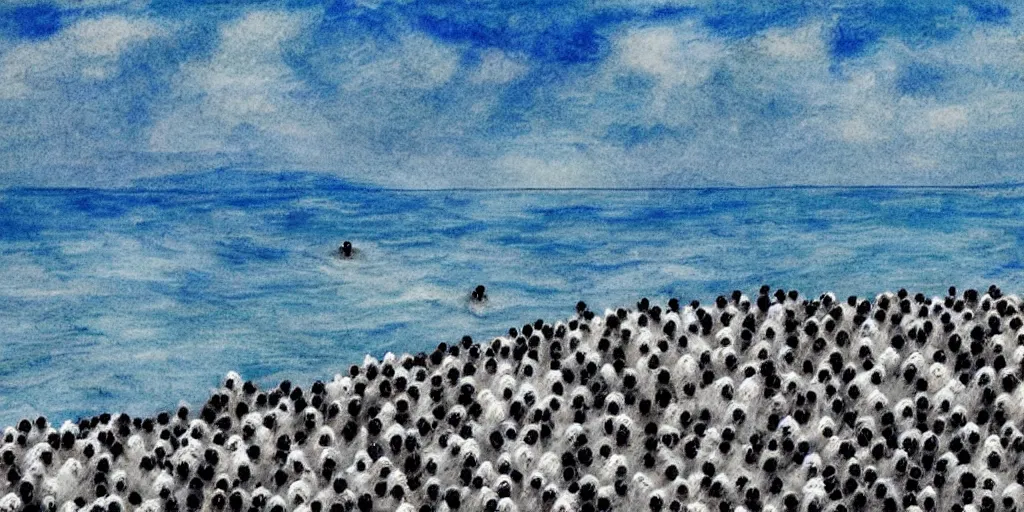 Prompt: forty five white sheep racing towards a cliff made of jagged rock and we can see them falling like lemmings down the cliff into the sea and facing the crashing white waves, there is one single black sheep going against the crowd, clear blue skies, old colored sketching, panoramic shot