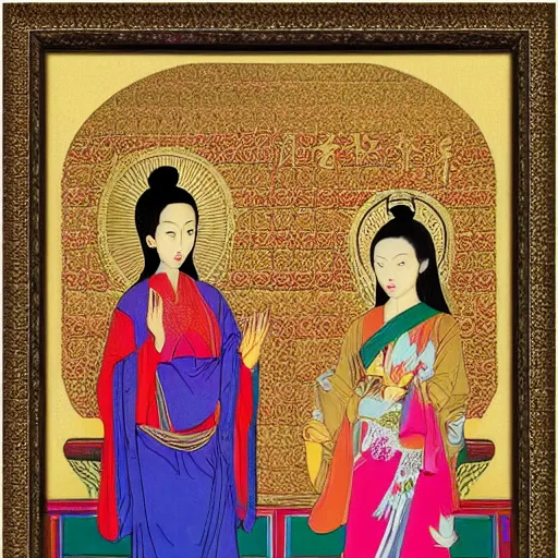 Prompt: portrait of 2 different asian looking girls, close up, one look away, one is holding lotus flower, in iconography style, theophanes the greek, glitter, chinese ornament dress, wooden frame, bright colors