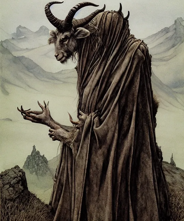 Image similar to A detailed horned goatwoman stands among the hills. Wearing a ripped mantle, robe. Perfect faces, extremely high details, realistic, fantasy art, solo, masterpiece, art by Zdzisław Beksiński, Arthur Rackham, Dariusz Zawadzki