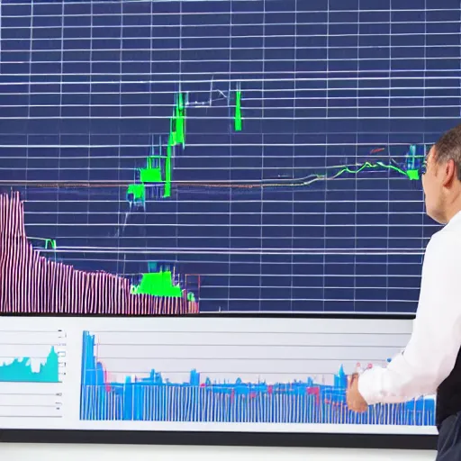 Image similar to investor looking at a screen with a declining stock chart scared, detailed