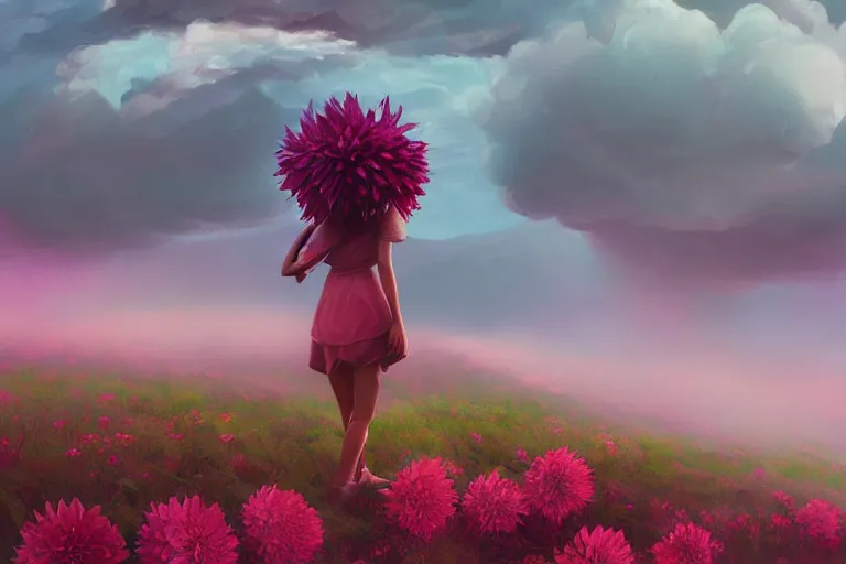 Image similar to giant dahlia flower head, girl walking on mountain, surreal photography, pink storm clouds, dramatic light, impressionist painting, digital painting, artstation, simon stalenhag