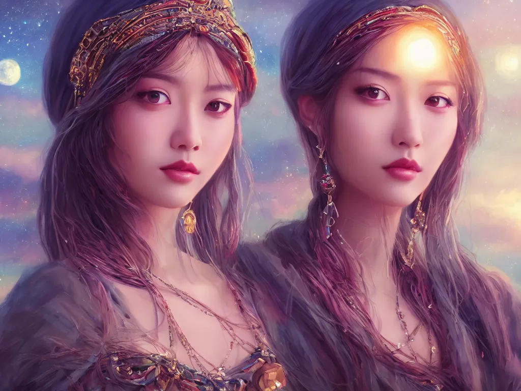 Prompt: masterpiece portrait charming and miracle female luxury female singer boho accessories in dreamlike movie, kpop, high detailed face, art by artgerm, greg rutkowski, sasoura, satchely, ross tran,, big major starry sky and city in background, uhd, medium long shot, fantasy, twlight, no distorsion, sharp focus,