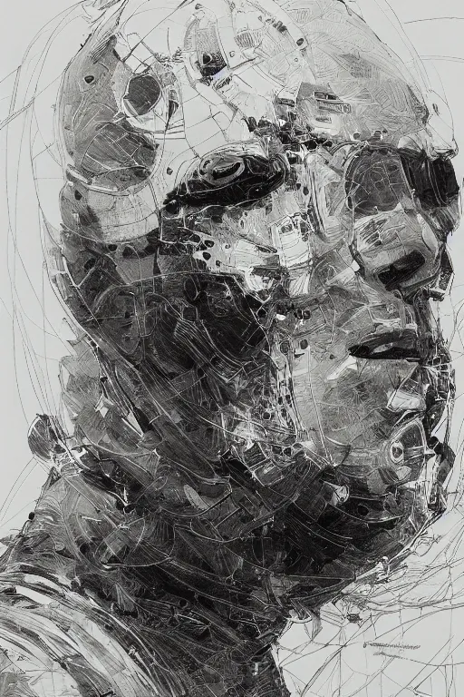 Image similar to portrait of an astronaut, pen and ink, intricate line drawings, by craig mullins, ruan jia, kentaro miura, greg rutkowski