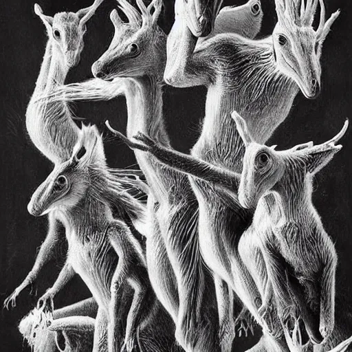 Prompt: by roa abstract illusionism. a beautiful photograph of a group of creatures that looks like a mix of different animals. most of the creatures have human - like features, such as arms & legs, & some are standing upright while others are crawling or flying.