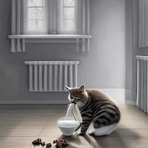 Image similar to cat drinking milk in a modern house concept art, sharp focus, digital art, Hyper-realistic, 4K, Unreal Engine, Highly Detailed, HD, Dramatic Lighting by Brom, trending on Artstation