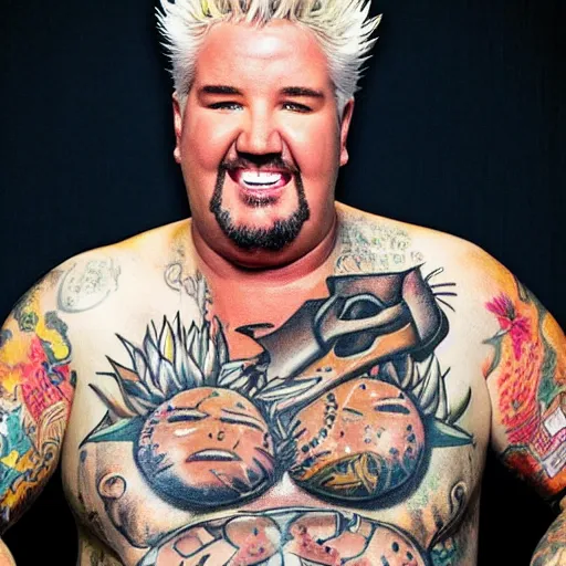 Image similar to guy fieri showing off his tattoo of guy fieri on his chest