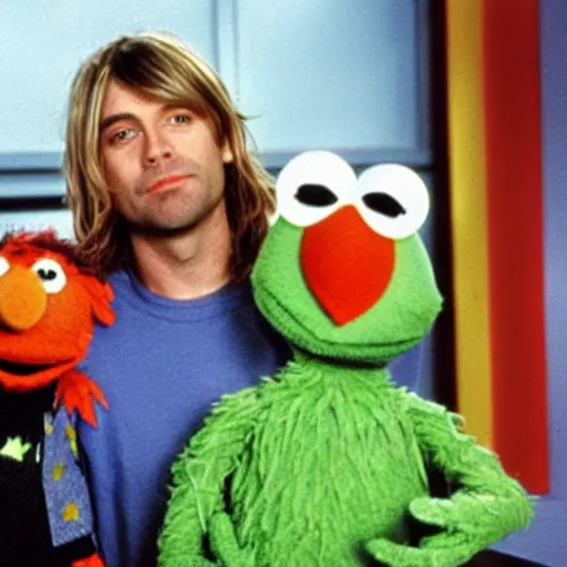 Prompt: Kurt Cobain at Sesame Street posing with Elmo and Kermit The Frog