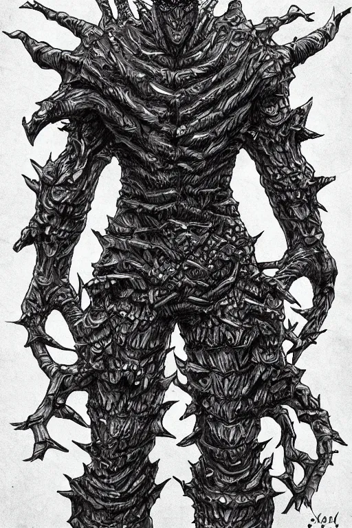 Image similar to armoured tree human figure monster, symmetrical, highly detailed, digital art, tree armour, sharp focus, trending on art station, kentaro miura manga art style