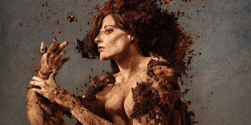 Prompt: highly detailed photography of a woman made of rust clay, dressed in rocks, hand gesture, sharp focus, dust particles, dirt, dramatic scene, aesthetic, dynamic lighting, elegant, harmony, masterpiece, by roberto ferri, blue background, high quality, spatula