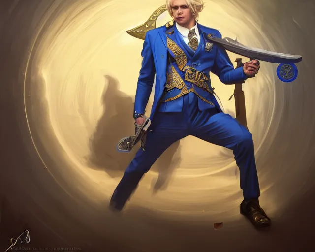 Image similar to photography of a blonde man in a blue suit with medals on it wielding a sword and pistol, deep focus, d & d, fantasy, intricate, elegant, highly detailed, digital painting, artstation, concept art, matte, sharp focus, illustration, hearthstone, art by artgerm and greg rutkowski and alphonse mucha