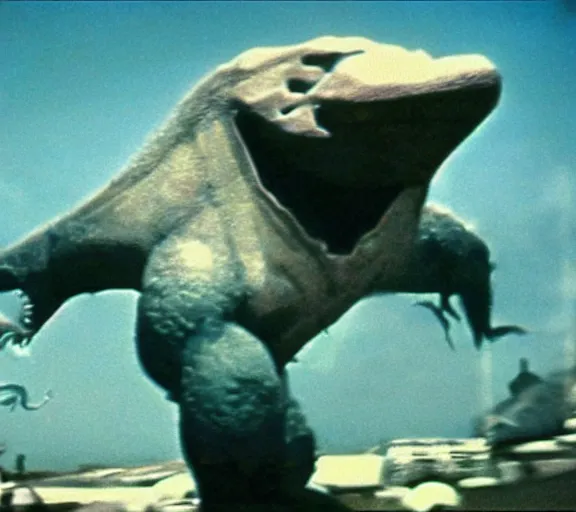 Image similar to Pulgasari the North Korean monster, volumetric lighting, filmstill, produced by Kim Jong-il, Kodachrome, kaiju-eiga, starfish monster movie, communist propaganda, film noir, 35mm film grain, Cooke Varotal 20-100mm T3.1