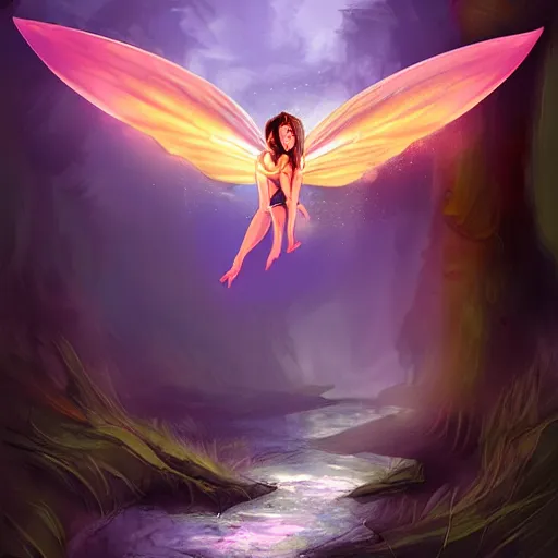 Prompt: evil fairy flying over a river, digital art, fantasy, light