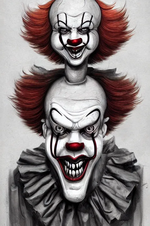 Image similar to surrealism grunge cartoon portrait sketch of Pennywise with a wide smile and a red balloon by - michael karcz, loony toons style, freddy krueger style, horror theme, detailed, elegant, intricate