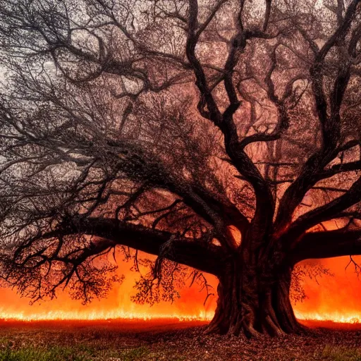 Image similar to hollow oak tree on fire, portrait, intricate, photograph, fog extreme details cinematic masterpiece