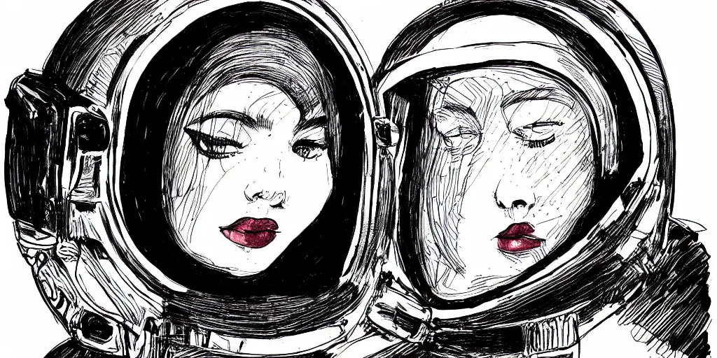 Prompt: ink lineart drawing of a beautiful young woman wearing a space helmet, dark lips, round eyes, space background, artstation, etchings by goya, chinese brush pen, illustration, high contrast, deep black tones contour