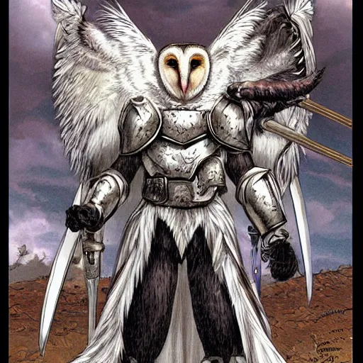 Image similar to barn owl warrior wearing an armor,small horns like a crown in the head, by Takeshi Obata