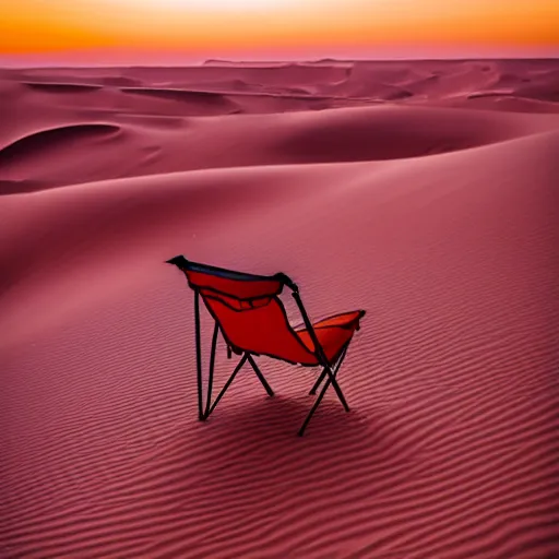 Image similar to a red camping chair in the middle of the sahara desert. the chair is 1 0 feet away from the camera.