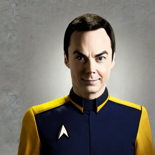 Prompt: Jim Parsons ad commander data, star trek , yellow uniform,grey skin, grey eyes, galaxy as background