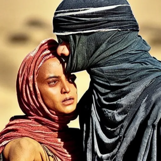 Prompt: a sand wraith kissing a handsome tuareg. Amazing detailed movie still