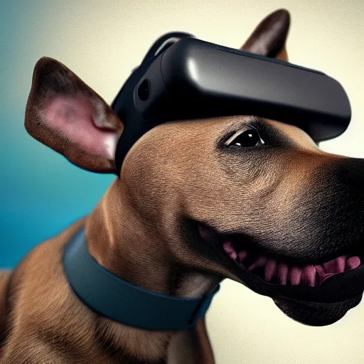 Image similar to ultra realistic 3 d render of a dog wearing a vr headset, octane, unreal engine