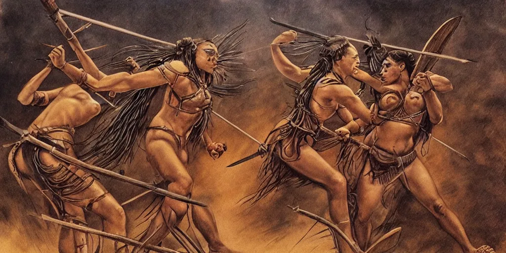 Image similar to powerful beautiful aztec and Amazonian warrior females fight, bow, flying arrows, spear, epic camera, vintage, Boris vallejo, sepia, apocalypto