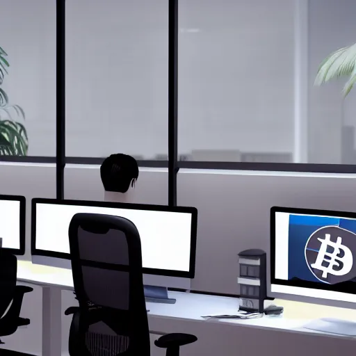 Prompt: a large number of monkeys are sitting in cheap office chairs staring at computer screens in a crowded office with cubicles, the computer screens have bitcoin logos, hyperrealism, unreal engine 5, 4 k, harsh contrast lighting