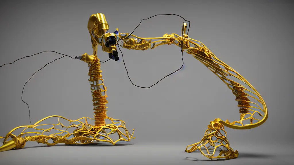 Image similar to a complex bifurcated robotic cnc surgical arm hybrid 3 d printer machine making organic ceramic kintsugi mandlebulb forms in the laboratory room, very thin gold wire, film still from the movie directed by denis villeneuve with art direction by salvador dali, wide lens, f 3 2, cinematic lighting, studio quality, smooth render, unreal engine 5 rendered, octane rendered